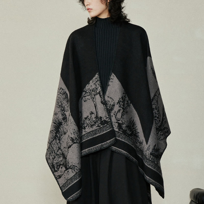 Nimara Ritual Black Gray Sika Deer Animal Forest Double-sided Shawl Fall Winter Warm Scarf Wrap