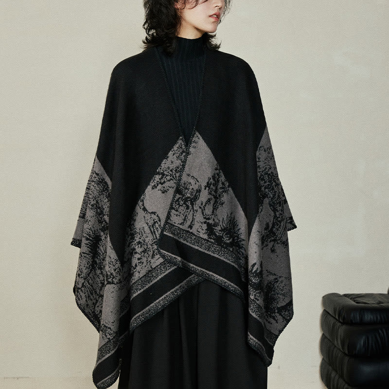 Nimara Ritual Black Gray Sika Deer Animal Forest Double-sided Shawl Fall Winter Warm Scarf Wrap