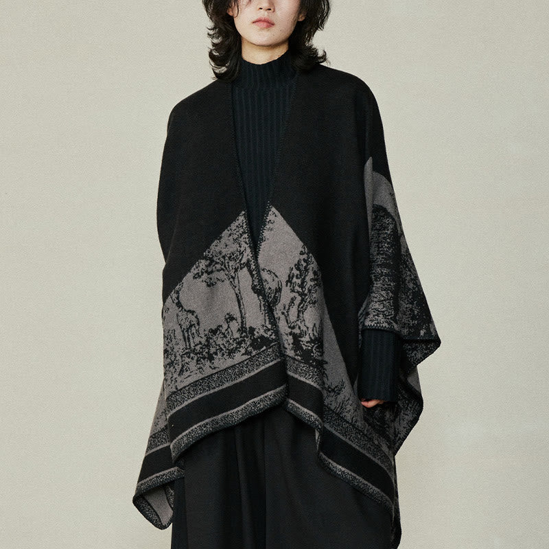 Nimara Ritual Black Gray Sika Deer Animal Forest Double-sided Shawl Fall Winter Warm Scarf Wrap