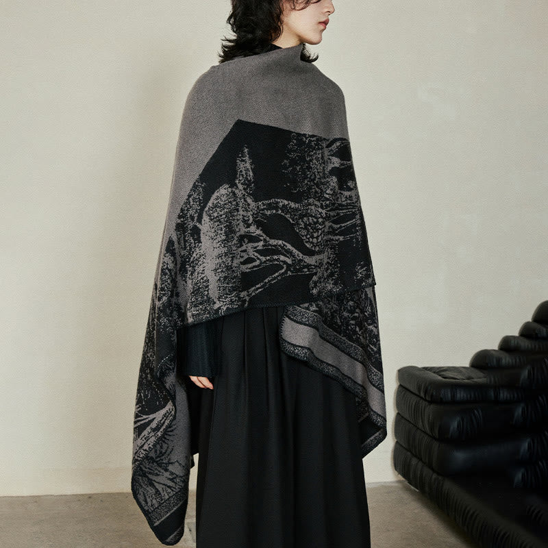 Nimara Ritual Black Gray Sika Deer Animal Forest Double-sided Shawl Fall Winter Warm Scarf Wrap