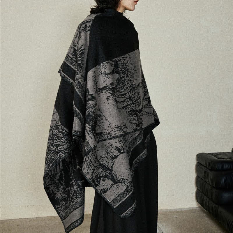 Nimara Ritual Black Gray Sika Deer Animal Forest Double-sided Shawl Fall Winter Warm Scarf Wrap