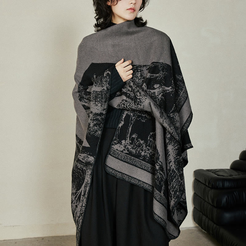 Nimara Ritual Black Gray Sika Deer Animal Forest Double-sided Shawl Fall Winter Warm Scarf Wrap