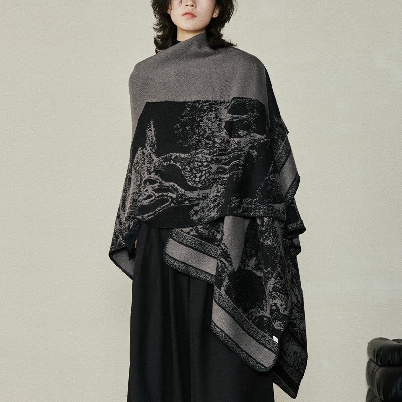 Nimara Ritual Black Gray Sika Deer Animal Forest Double-sided Shawl Fall Winter Warm Scarf Wrap