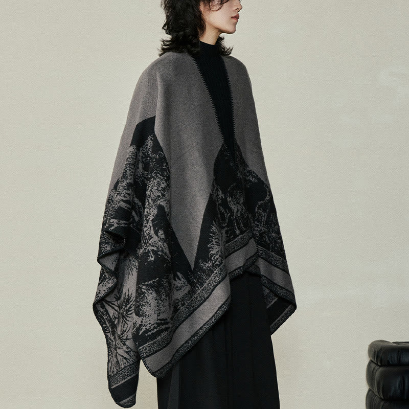 Nimara Ritual Black Gray Sika Deer Animal Forest Double-sided Shawl Fall Winter Warm Scarf Wrap