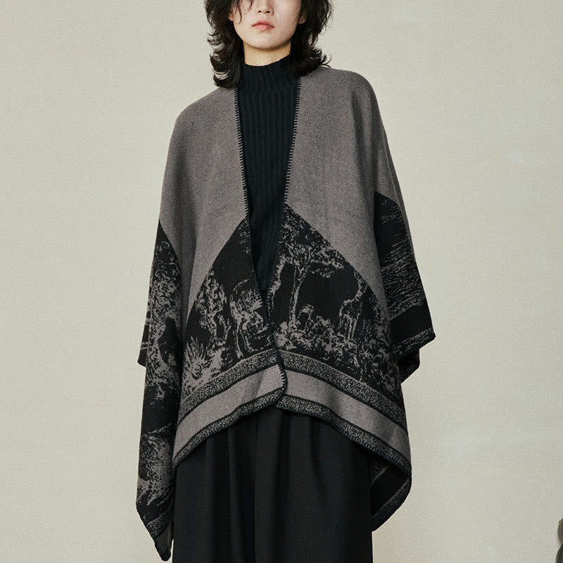 Nimara Ritual Black Gray Sika Deer Animal Forest Double-sided Shawl Fall Winter Warm Scarf Wrap
