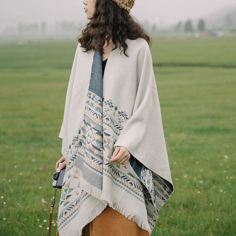 Nimara Ritual Tibetan Beige Geometric Pattern Tassels Shawl Fall Winter Warm Scarf Wrap