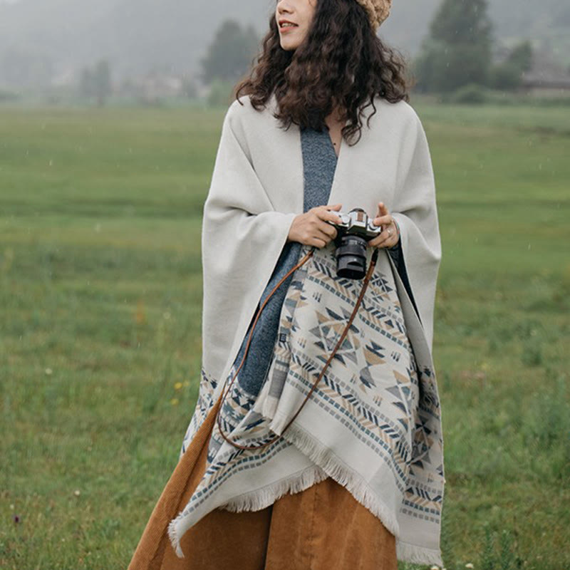 Nimara Ritual Tibetan Beige Geometric Pattern Tassels Shawl Fall Winter Warm Scarf Wrap