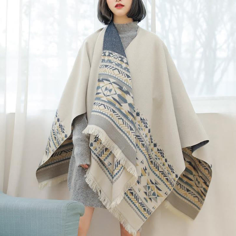 Nimara Ritual Tibetan Beige Geometric Pattern Tassels Shawl Fall Winter Warm Scarf Wrap
