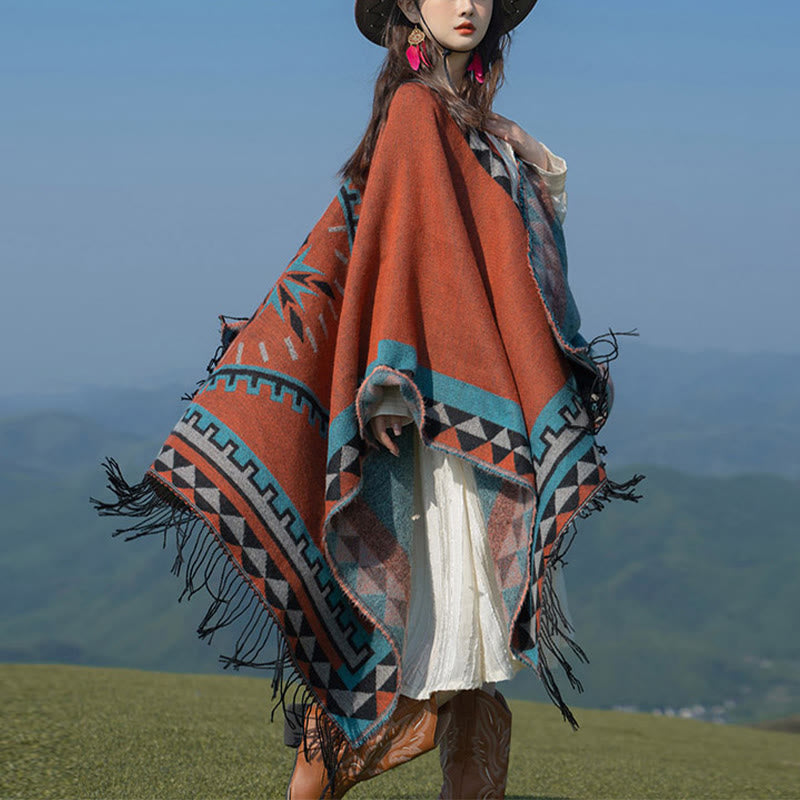 Nimara Ritual Tibetan Orange Geometric Rhombus Pattern Tassels Shawl Fall Winter Warm Scarf Wrap