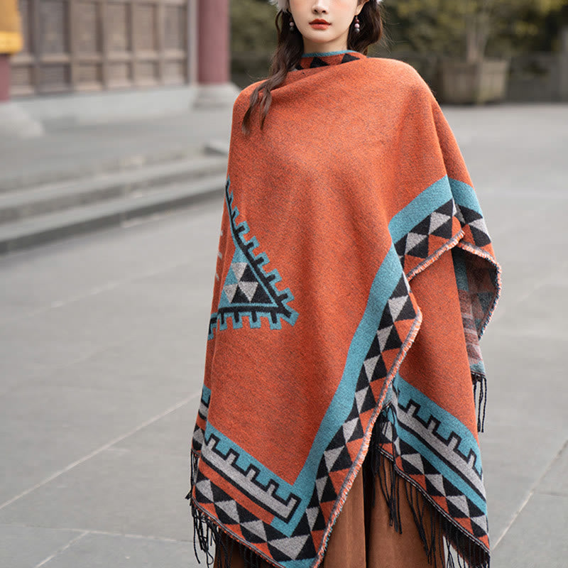 Nimara Ritual Tibetan Orange Geometric Rhombus Pattern Tassels Shawl Fall Winter Warm Scarf Wrap