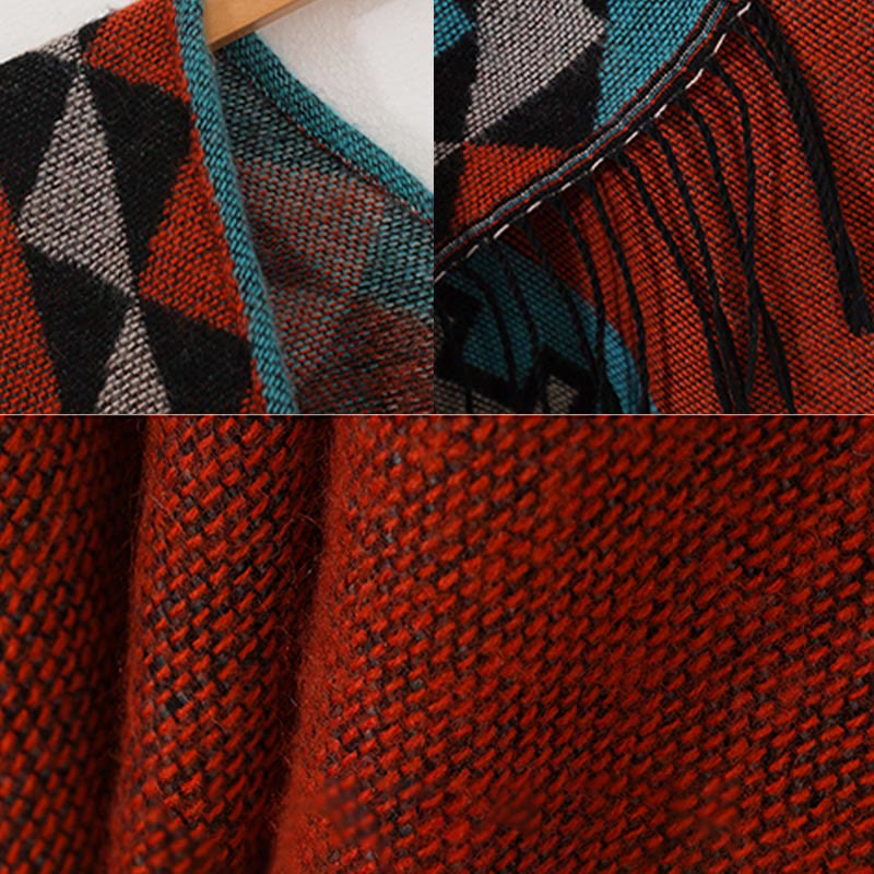 Nimara Ritual Tibetan Orange Geometric Rhombus Pattern Tassels Shawl Fall Winter Warm Scarf Wrap