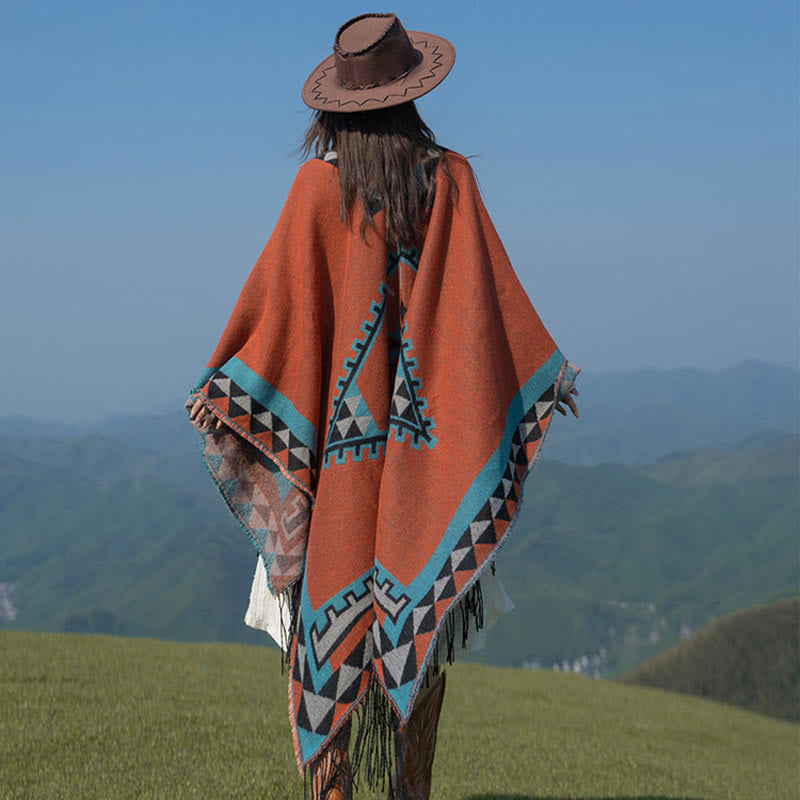 Nimara Ritual Tibetan Orange Geometric Rhombus Pattern Tassels Shawl Fall Winter Warm Scarf Wrap
