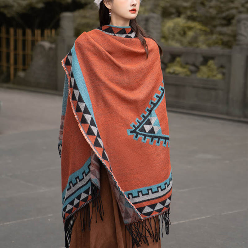 Nimara Ritual Tibetan Orange Geometric Rhombus Pattern Tassels Shawl Fall Winter Warm Scarf Wrap