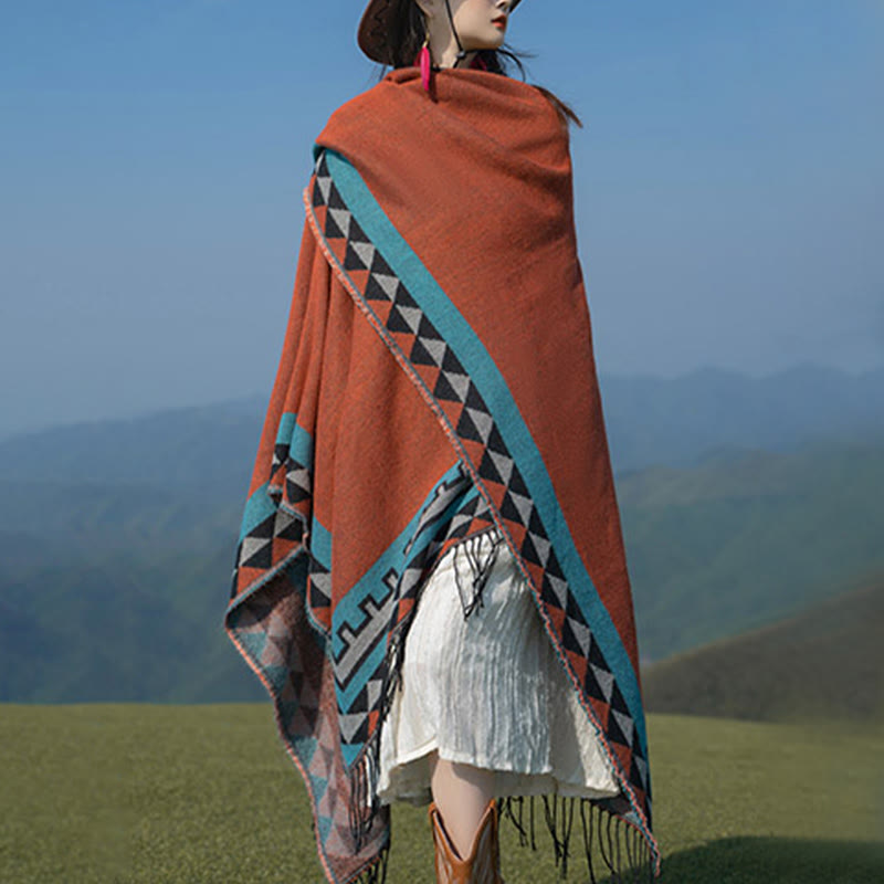 Nimara Ritual Tibetan Orange Geometric Rhombus Pattern Tassels Shawl Fall Winter Warm Scarf Wrap