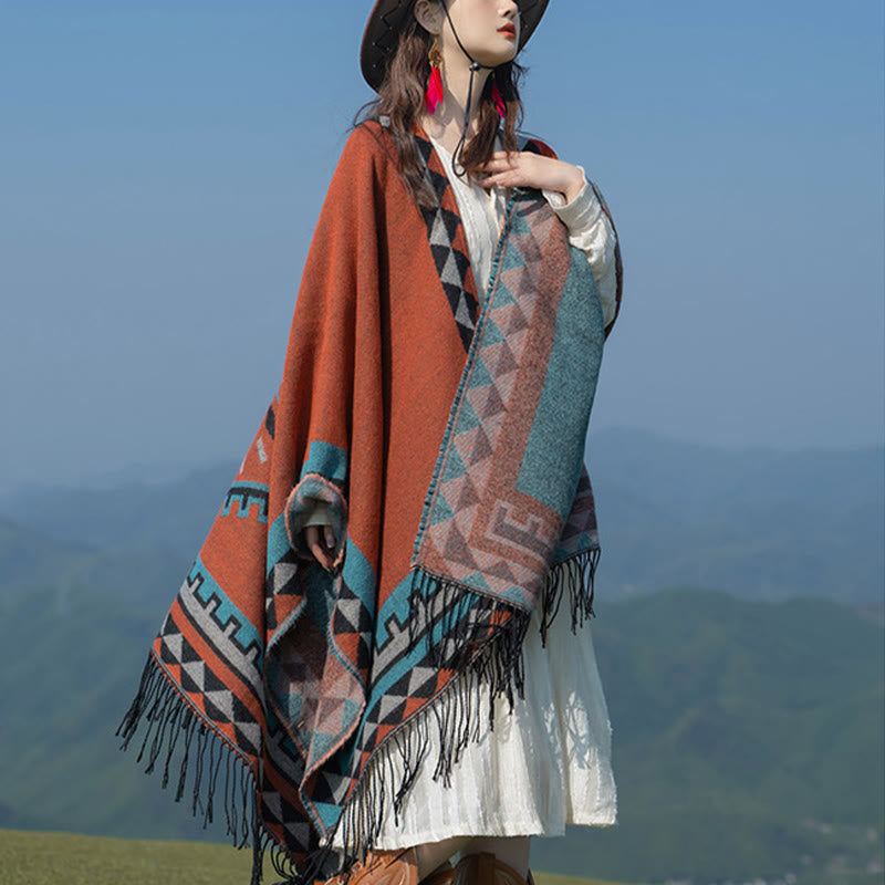 Nimara Ritual Tibetan Orange Geometric Rhombus Pattern Tassels Shawl Fall Winter Warm Scarf Wrap