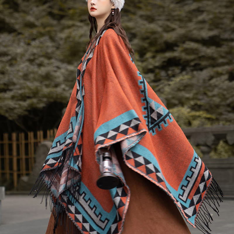 Nimara Ritual Tibetan Orange Geometric Rhombus Pattern Tassels Shawl Fall Winter Warm Scarf Wrap