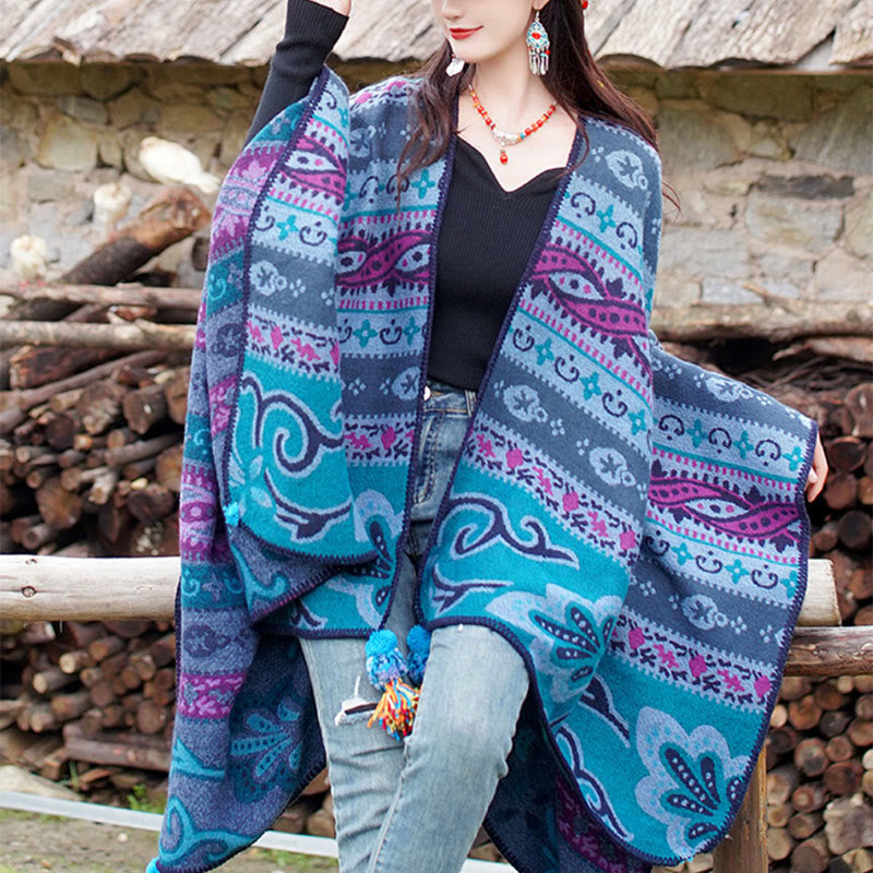 Nimara Ritual Tibetan Geometric Horizontal Stripe Flowers Pattern Shawl Fall Winter Warm Soft Scarf Wrap
