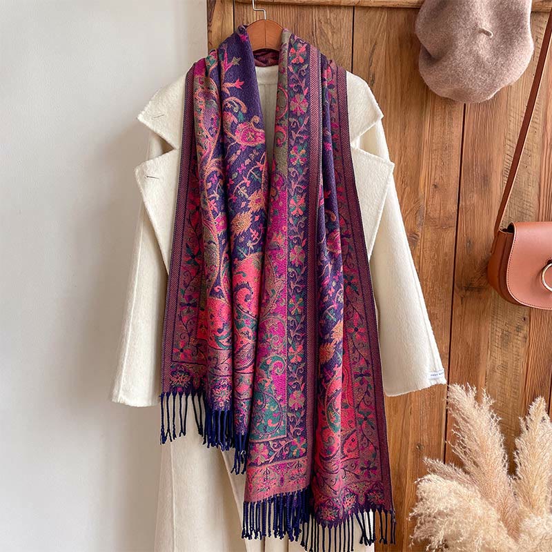 Nimara Ritual Tibetan Cashew Flowers Vine Pattern Tassels Shawl Fall Winter Soft Scarf Wrap