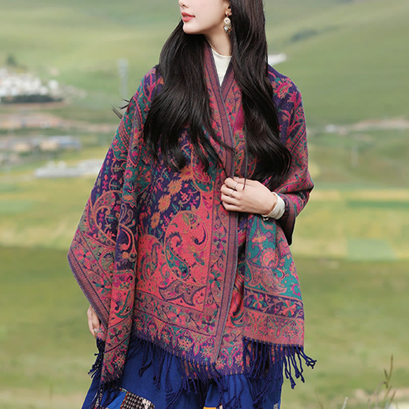 Nimara Ritual Tibetan Cashew Flowers Vine Pattern Tassels Shawl Fall Winter Soft Scarf Wrap