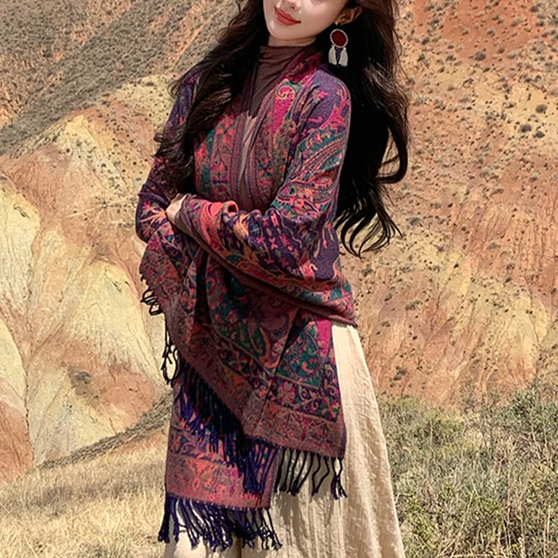 Nimara Ritual Tibetan Cashew Flowers Vine Pattern Tassels Shawl Fall Winter Soft Scarf Wrap