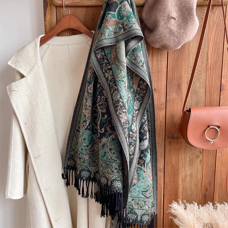 Nimara Ritual Tibetan Cashew Flowers Vine Pattern Tassels Shawl Fall Winter Soft Scarf Wrap