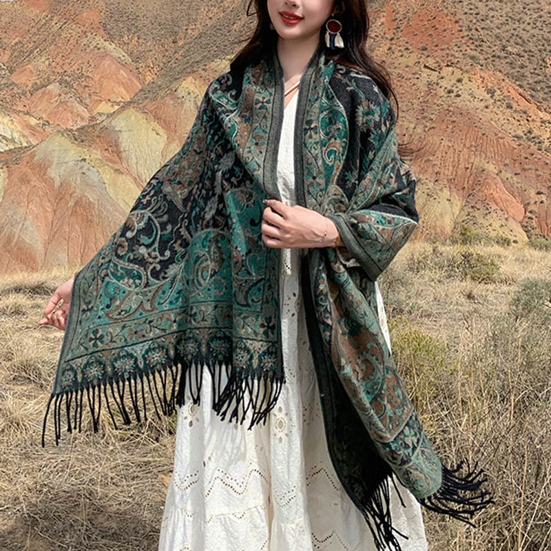 Nimara Ritual Tibetan Cashew Flowers Vine Pattern Tassels Shawl Fall Winter Soft Scarf Wrap