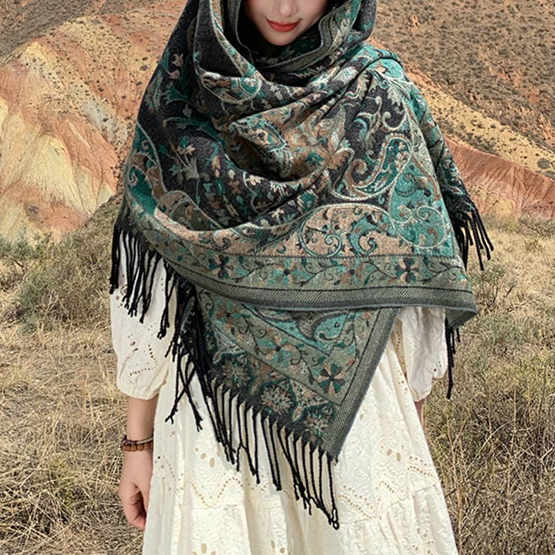 Nimara Ritual Tibetan Cashew Flowers Vine Pattern Tassels Shawl Fall Winter Soft Scarf Wrap