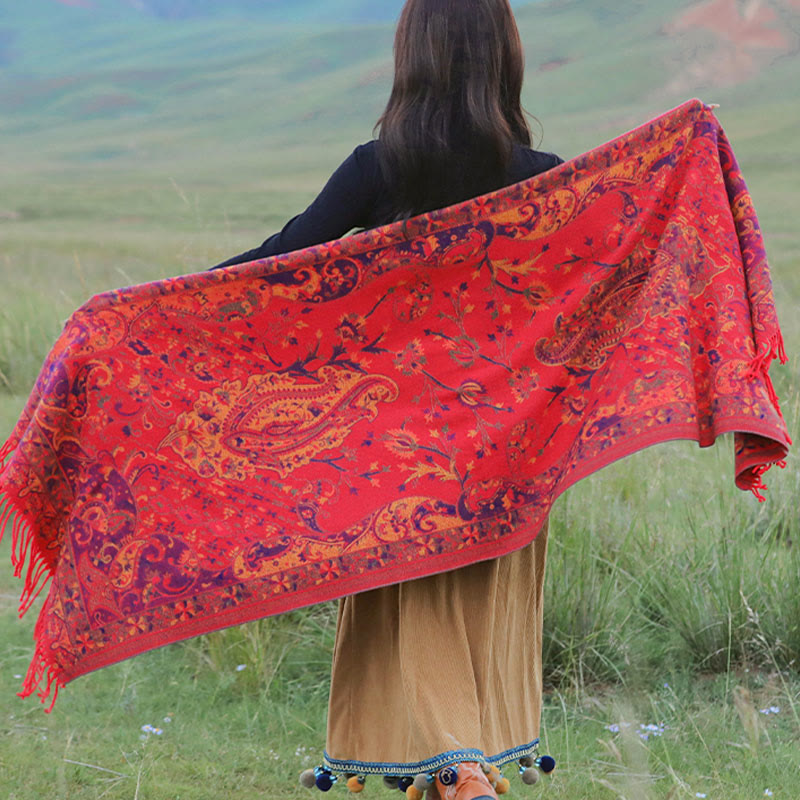 Nimara Ritual Tibetan Cashew Flowers Vine Pattern Tassels Shawl Fall Winter Soft Scarf Wrap