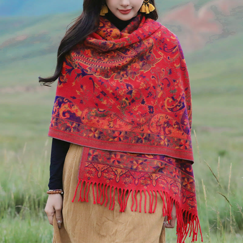 Nimara Ritual Tibetan Cashew Flowers Vine Pattern Tassels Shawl Fall Winter Soft Scarf Wrap