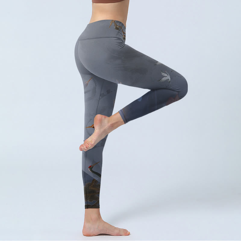 Nimara Ritual Auspicious White Crane Pine Tree Print Gym Leggings Women's Yoga Pants