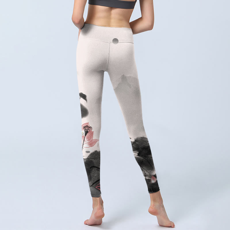 Nimara Ritual Ink Painting Lotus Flower Leaf Print Gym Fitness Leggings Women's Yoga Pants