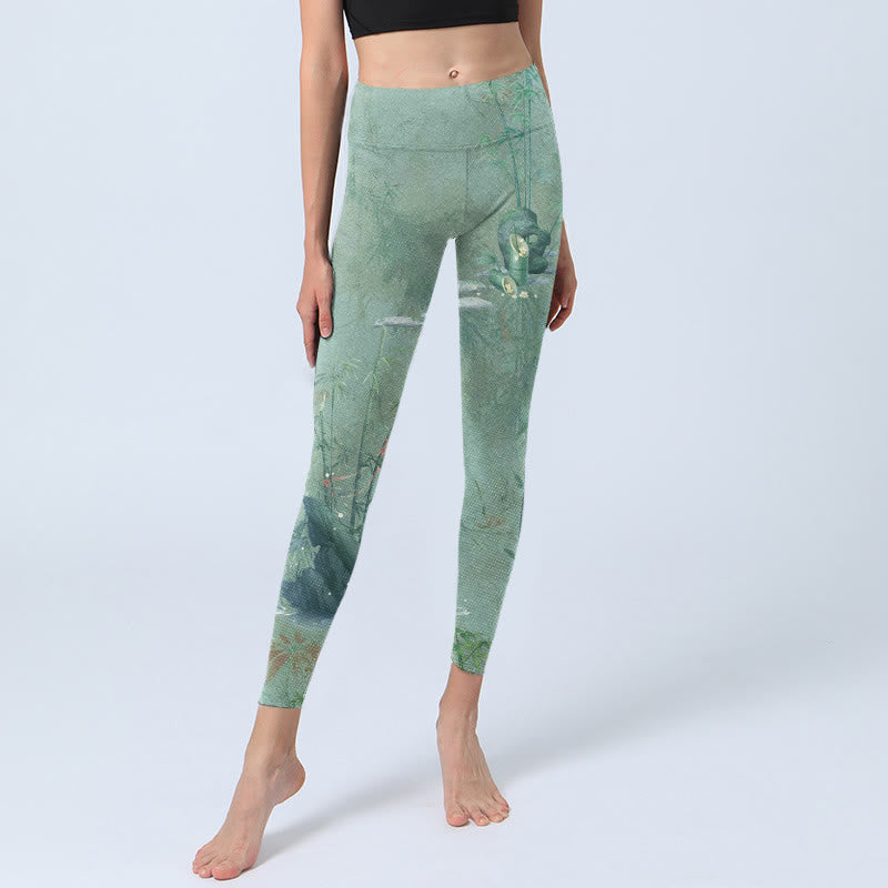 Nimara Ritual Green Bamboo Rocks Print Sports Fitness Leggings Women's Yoga Pants