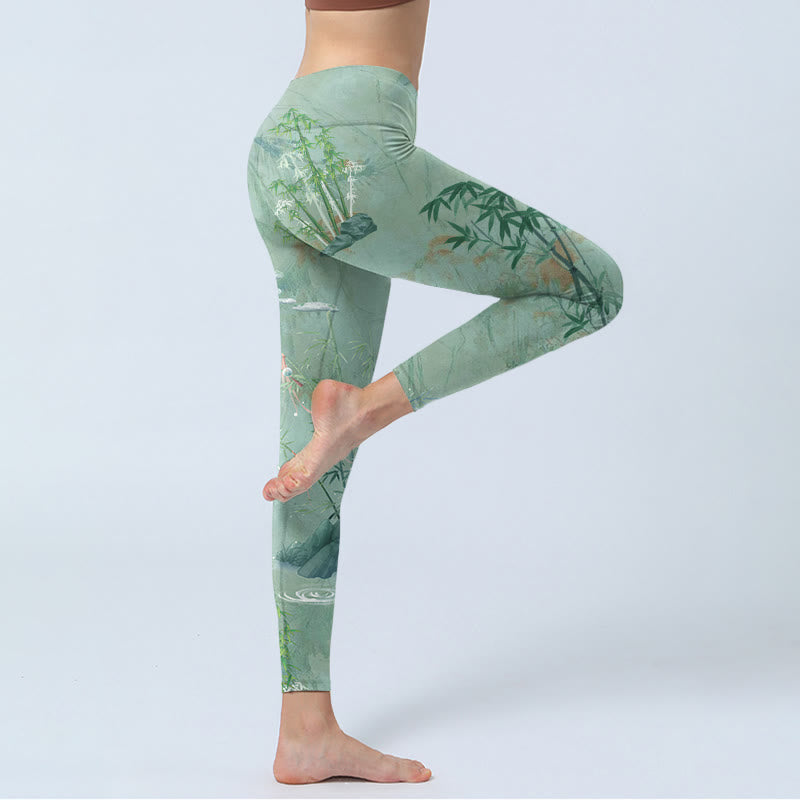 Nimara Ritual Green Bamboo Rocks Print Sports Fitness Leggings Women's Yoga Pants