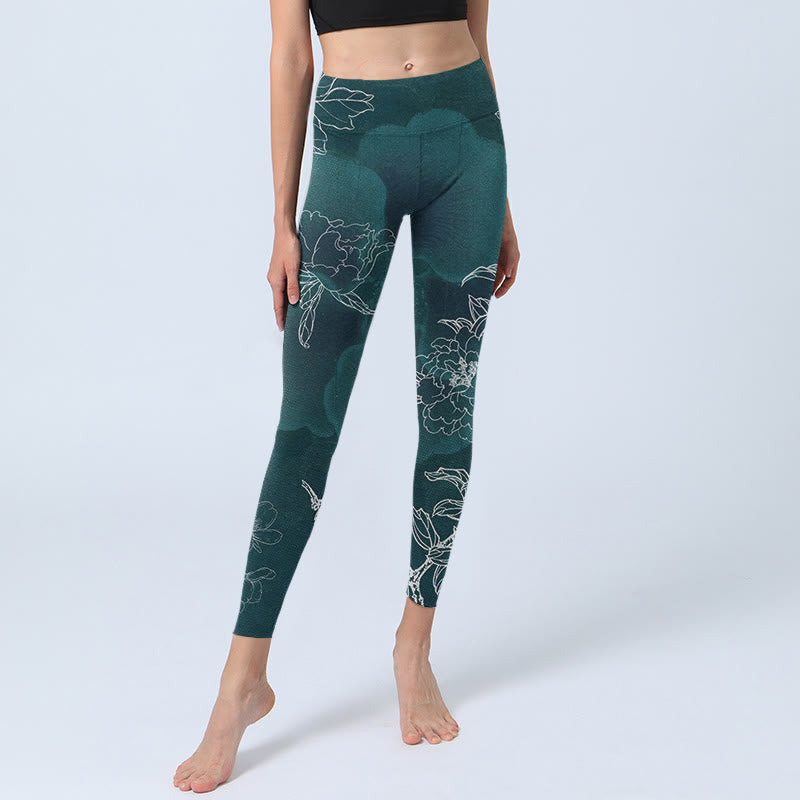 Nimara Ritual Peony Flower Magpie Butterfly Print Gym Fitness Leggings Women's Yoga Pants