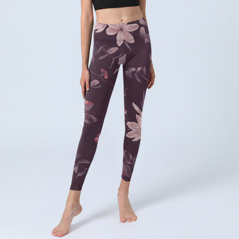 Nimara Ritual Purple White Flowers Leaves Blossom Print Gym Fitness Leggings Women's Yoga Pants