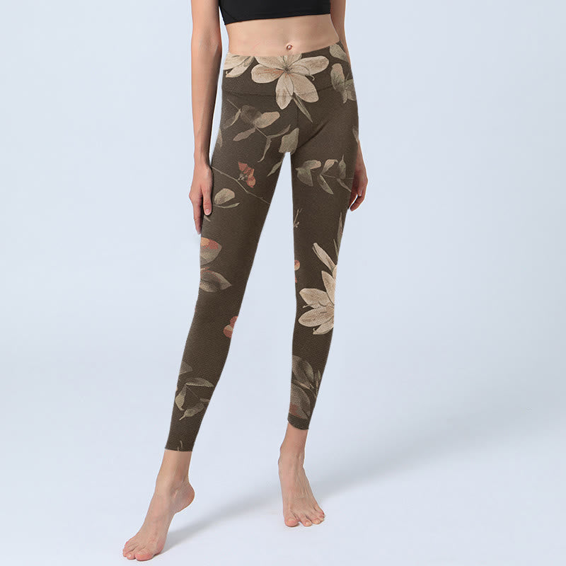 Nimara Ritual Purple White Flowers Leaves Blossom Print Gym Fitness Leggings Women's Yoga Pants