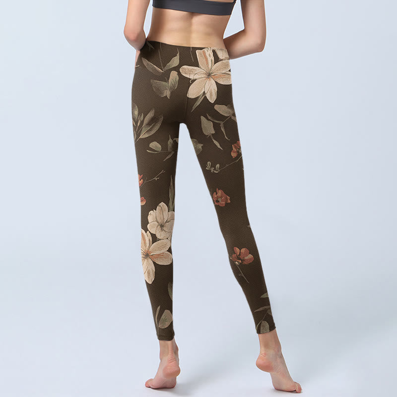 Nimara Ritual Purple White Flowers Leaves Blossom Print Gym Fitness Leggings Women's Yoga Pants