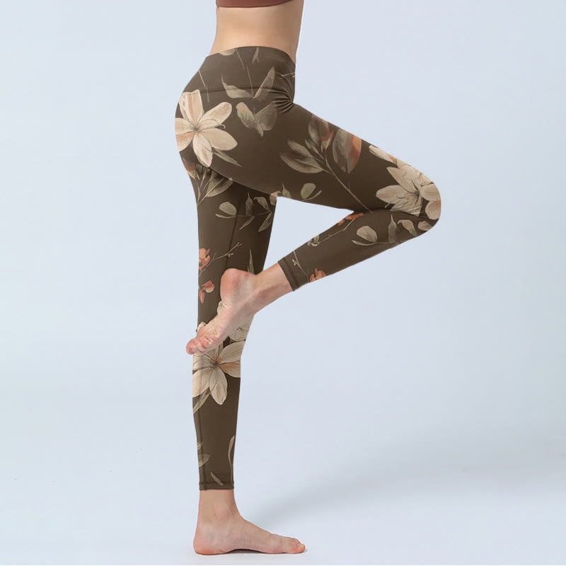 Nimara Ritual Purple White Flowers Leaves Blossom Print Gym Fitness Leggings Women's Yoga Pants