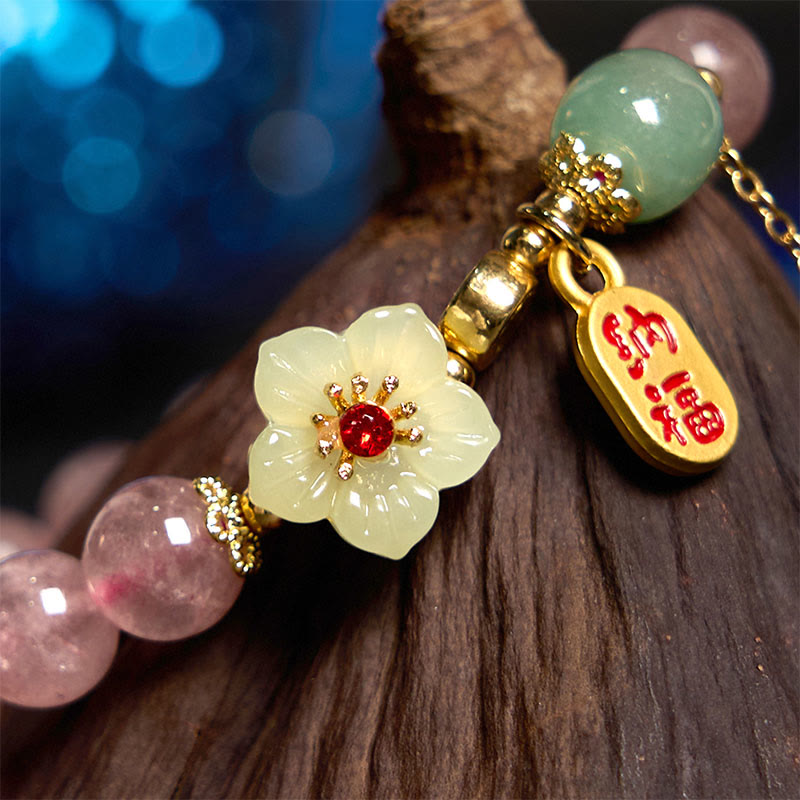 Nimara Ritual Natural Strawberry Quartz Blossom Fu Character Positivity Healing Bracelet