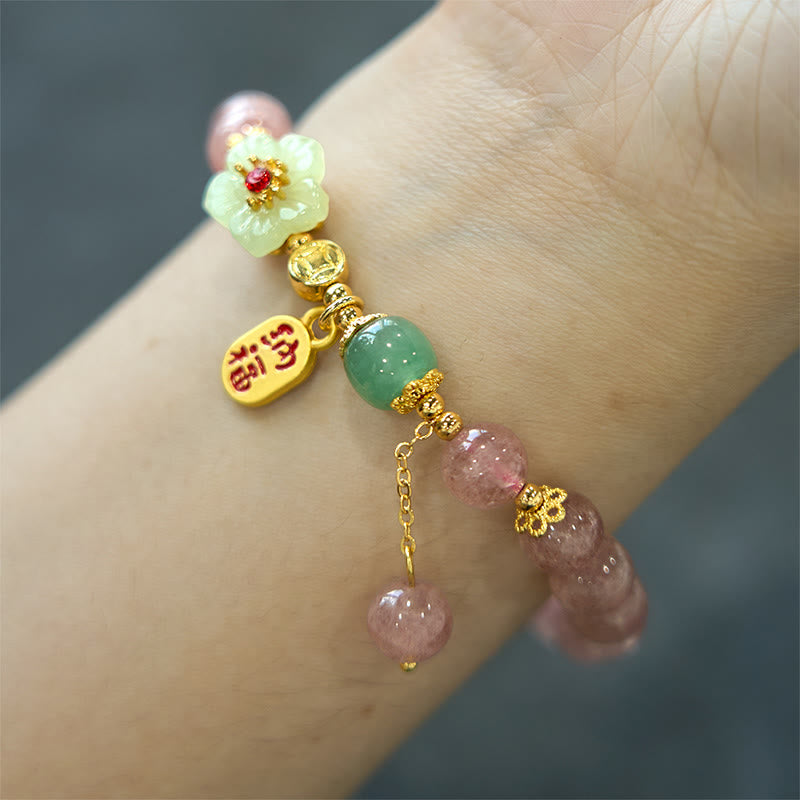 Nimara Ritual Natural Strawberry Quartz Blossom Fu Character Positivity Healing Bracelet