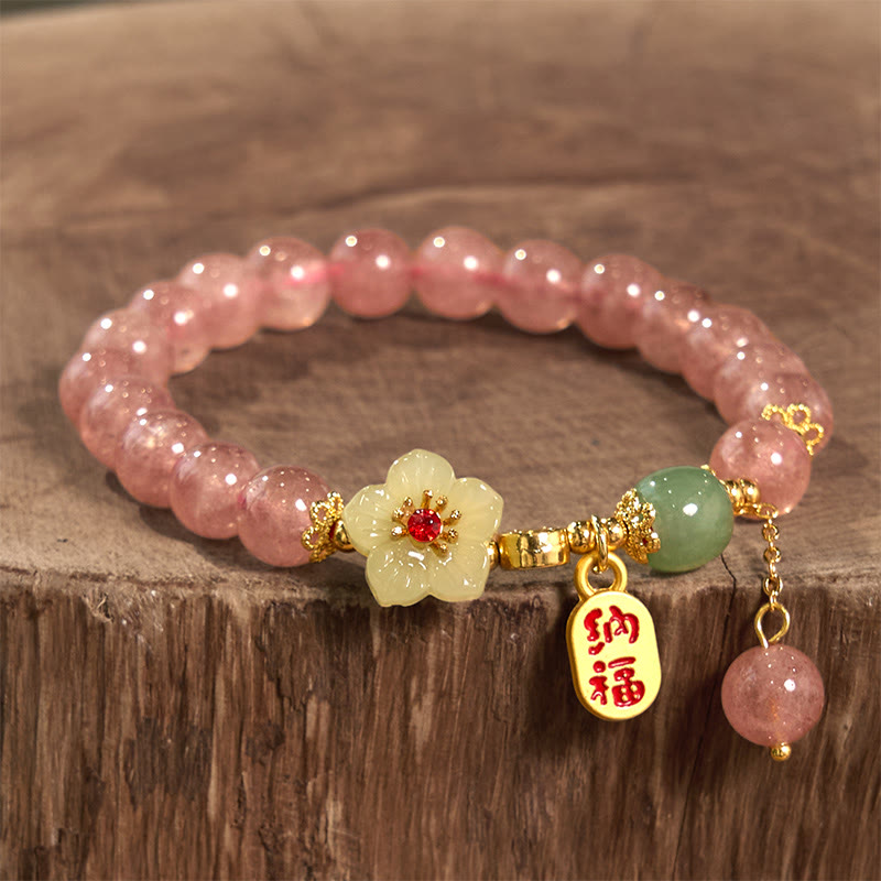 Nimara Ritual Natural Strawberry Quartz Blossom Fu Character Positivity Healing Bracelet