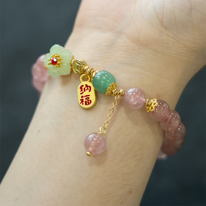 Nimara Ritual Natural Strawberry Quartz Blossom Fu Character Positivity Healing Bracelet