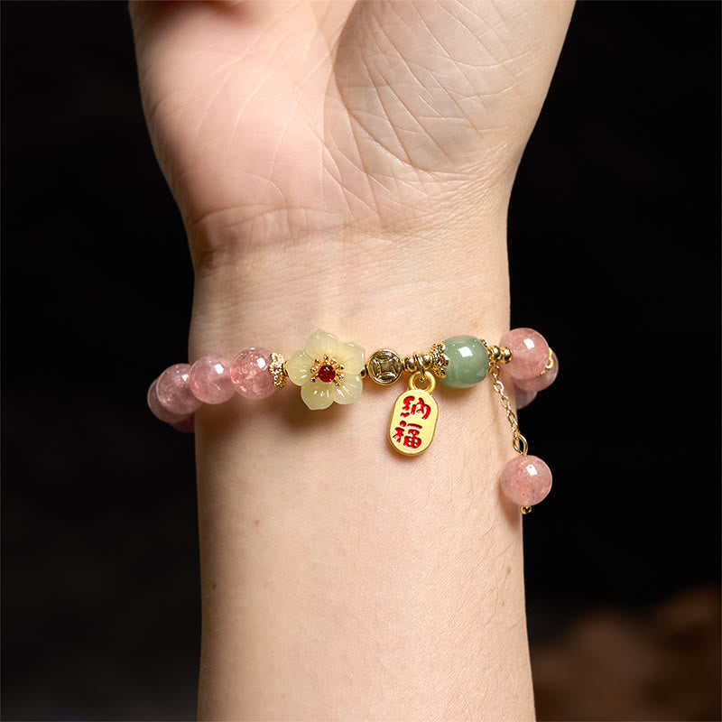 Nimara Ritual Natural Strawberry Quartz Blossom Fu Character Positivity Healing Bracelet