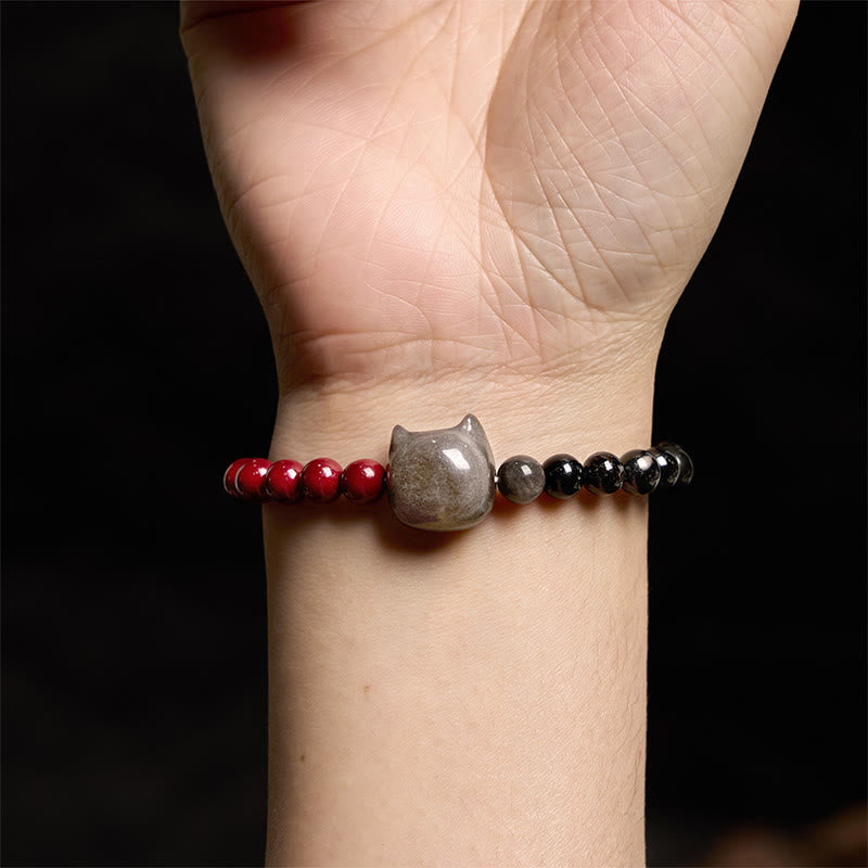 Nimara Ritual Black Obsidian Cinnabar Silver Sheen Obsidian Cat Fulfilment Bracelet