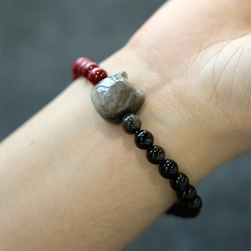 Nimara Ritual Black Obsidian Cinnabar Silver Sheen Obsidian Cat Fulfilment Bracelet