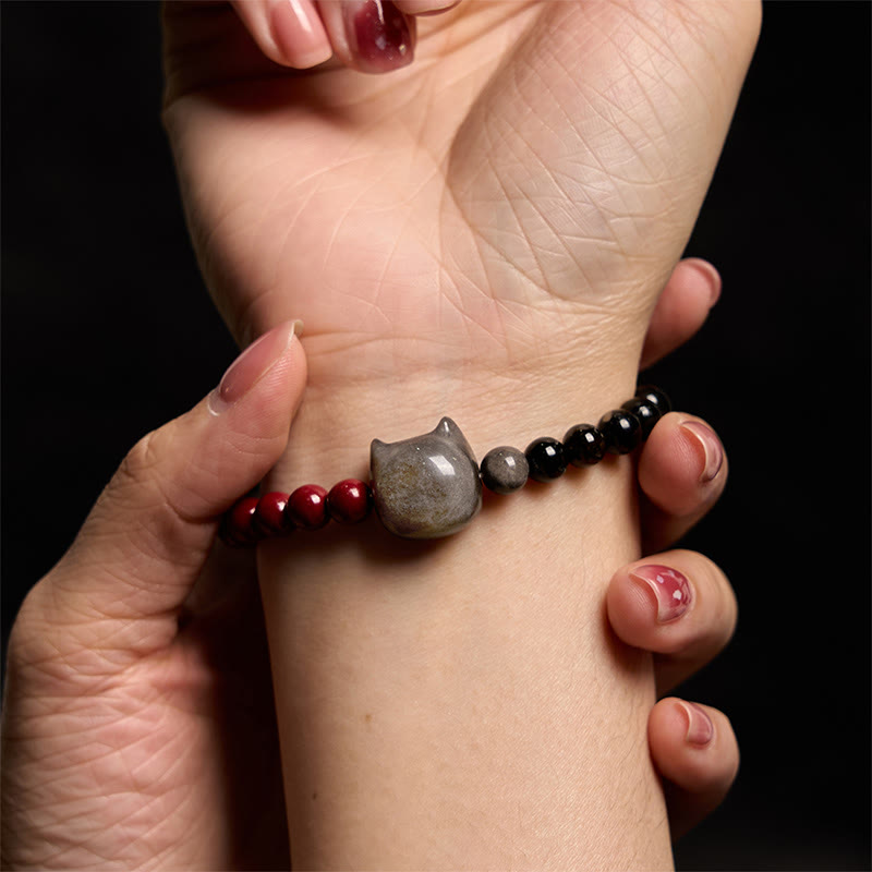 Nimara Ritual Black Obsidian Cinnabar Silver Sheen Obsidian Cat Fulfilment Bracelet