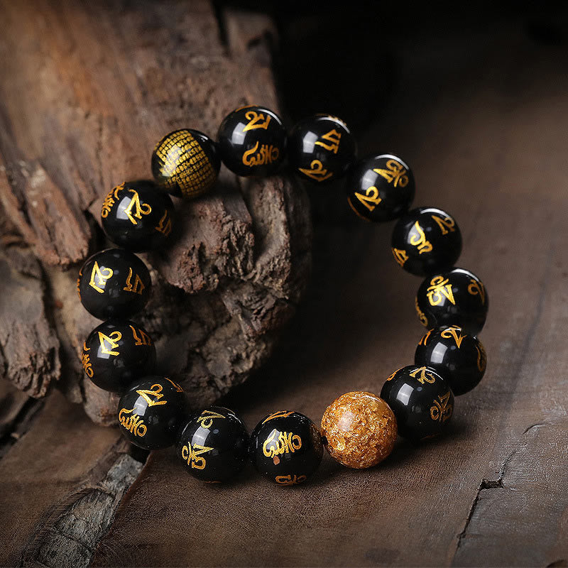Nimara Ritual Six True Words Om Mani Padme Hum Rainbow Obsidian Gold Foil Creativity Bracelet