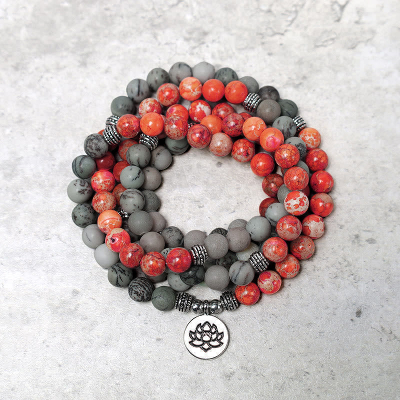 Nimara Ritual 108 Mala Beads Natural Stone Sea Sediment Jasper Lotus Protection Bracelet