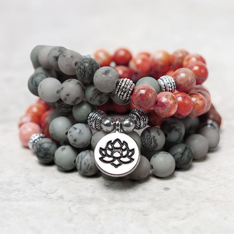 Nimara Ritual 108 Mala Beads Natural Stone Sea Sediment Jasper Lotus Protection Bracelet