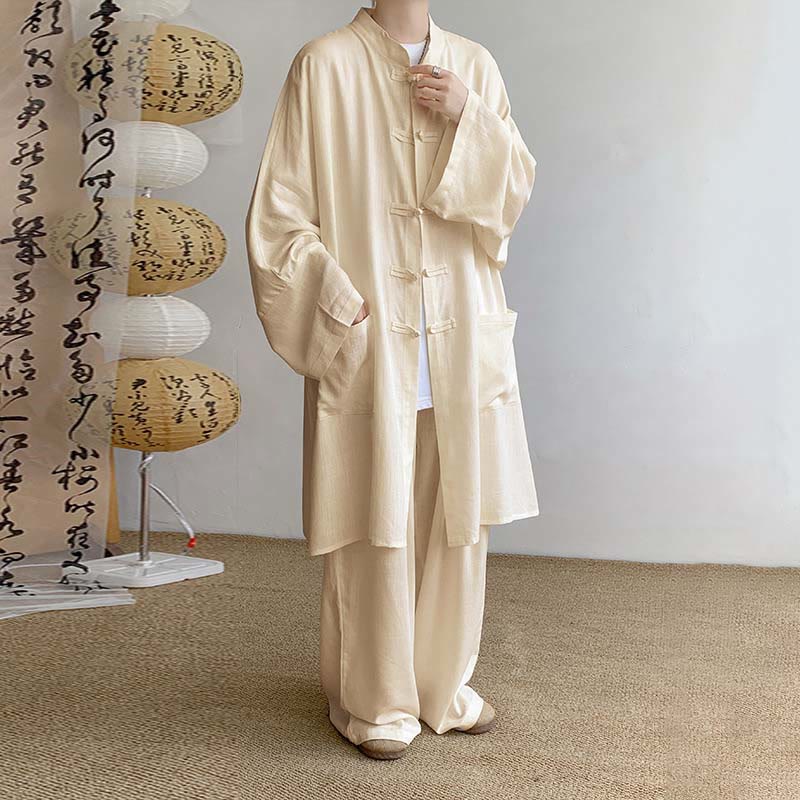 Nimara Ritual 2Pcs Men's Long Sleeve Frog-Button Shirt Pants Meditation Zen Cotton Clothing Set